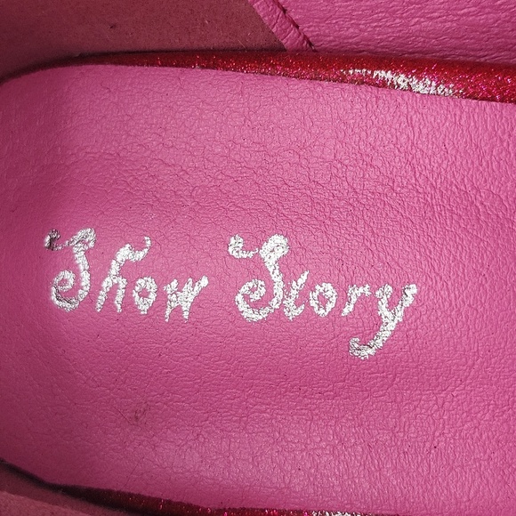 37- Show Story Skull Heel Pink Glitter Platform Heels Sz 10 Open Toe Studded - Picture 5 of 14